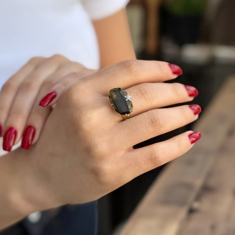 14 AYAR TURMALİN VE PIRLANTA TAŞLI ALTIN YÜZÜK