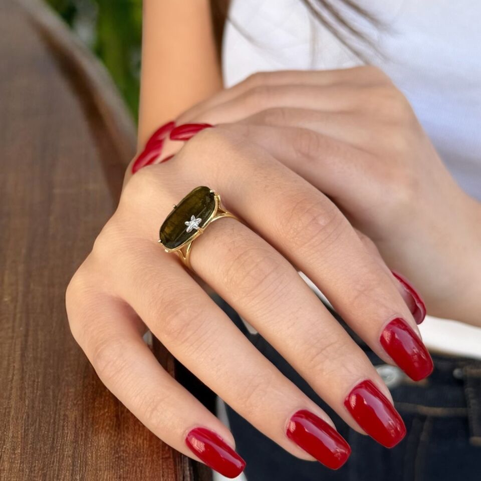 14 AYAR TURMALİN VE PIRLANTA TAŞLI ALTIN YÜZÜK