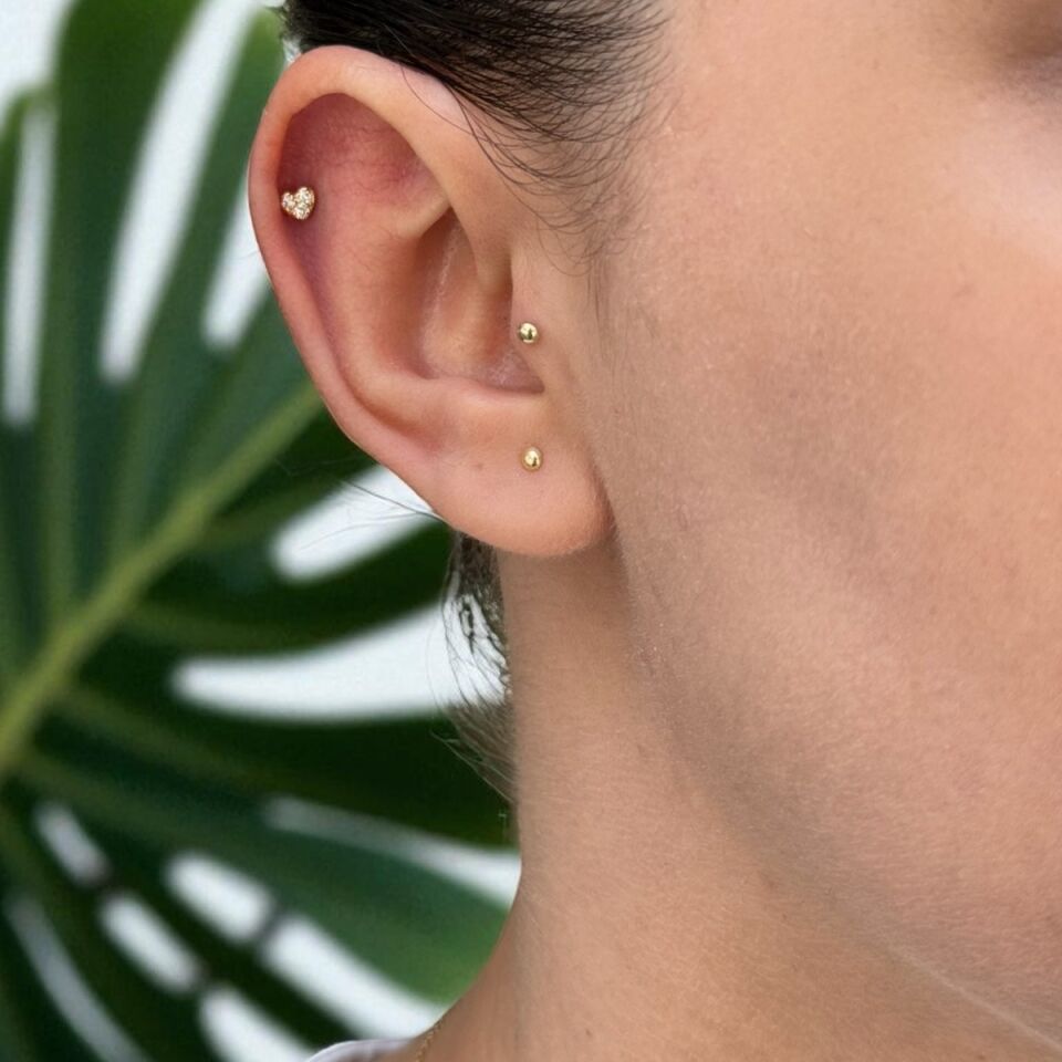 14 AYAR TAŞLI KALP TRAGUS HELİX KÜPE