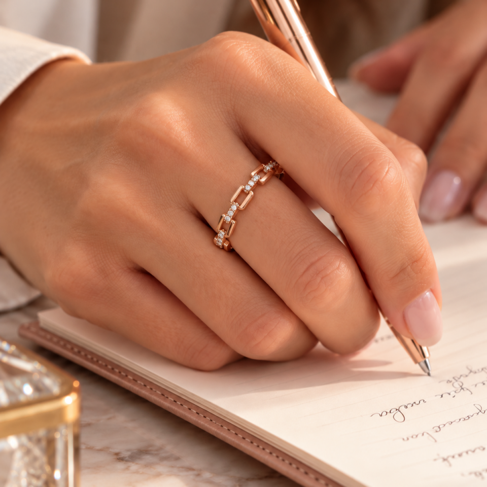 14 Ayar 0,12 Ct Pırlanta Taşlı Zincir Tasarım Rose Altın Yüzük