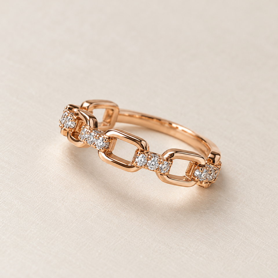 14 Ayar 0,12 Ct Pırlanta Taşlı Zincir Tasarım Rose Altın Yüzük