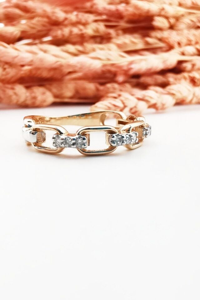 14 Ayar 0,12 Ct Pırlanta Taşlı Zincir Tasarım Rose Altın Yüzük