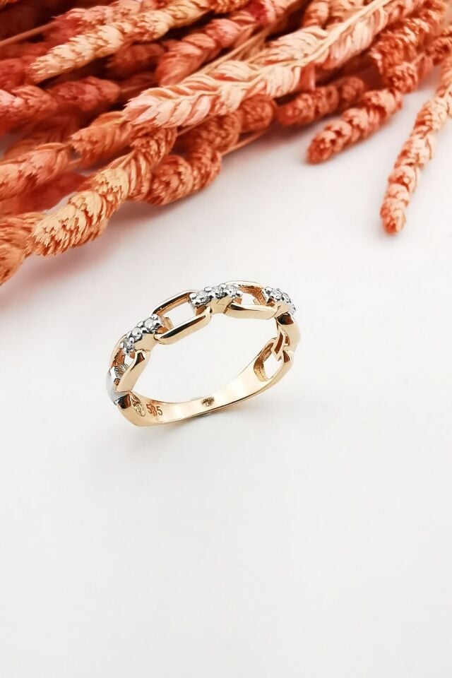 14 Ayar 0,12 Ct Pırlanta Taşlı Zincir Tasarım Rose Altın Yüzük