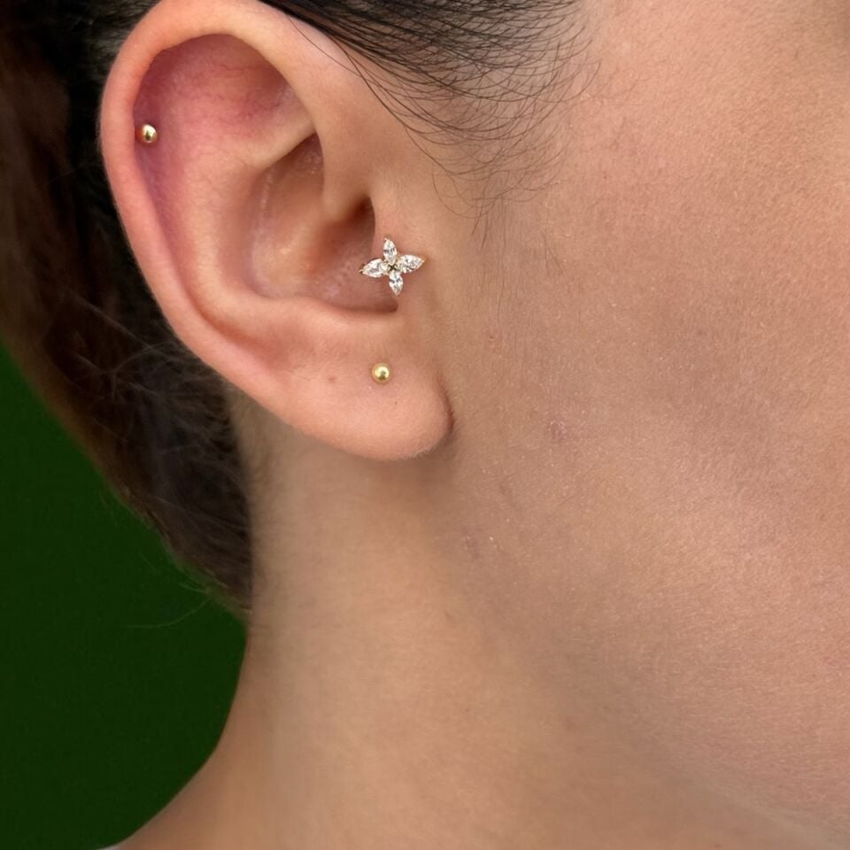14 AYAR DÖRT TAŞLI LOTUS TRAGUS HELİX KÜPE