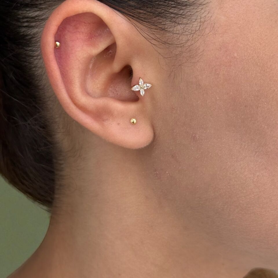 14 AYAR DÖRT TAŞLI LOTUS TRAGUS HELİX KÜPE