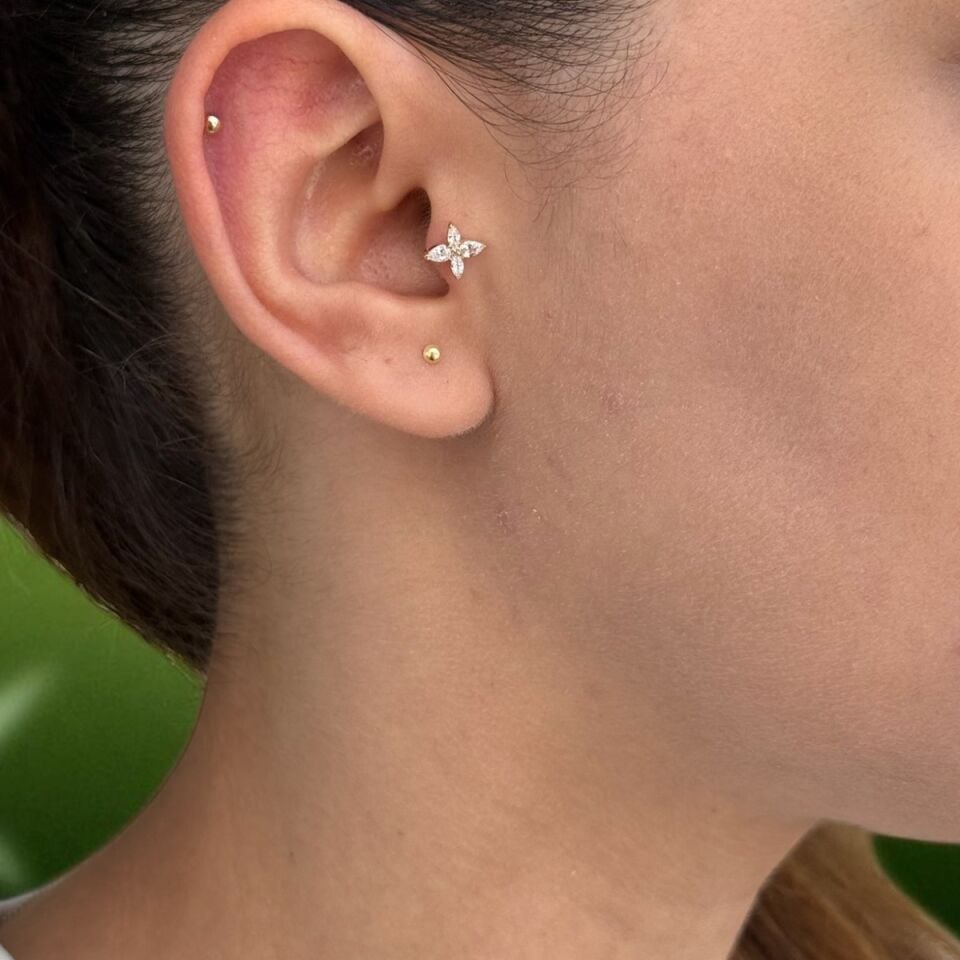 14 AYAR DÖRT TAŞLI LOTUS TRAGUS HELİX KÜPE