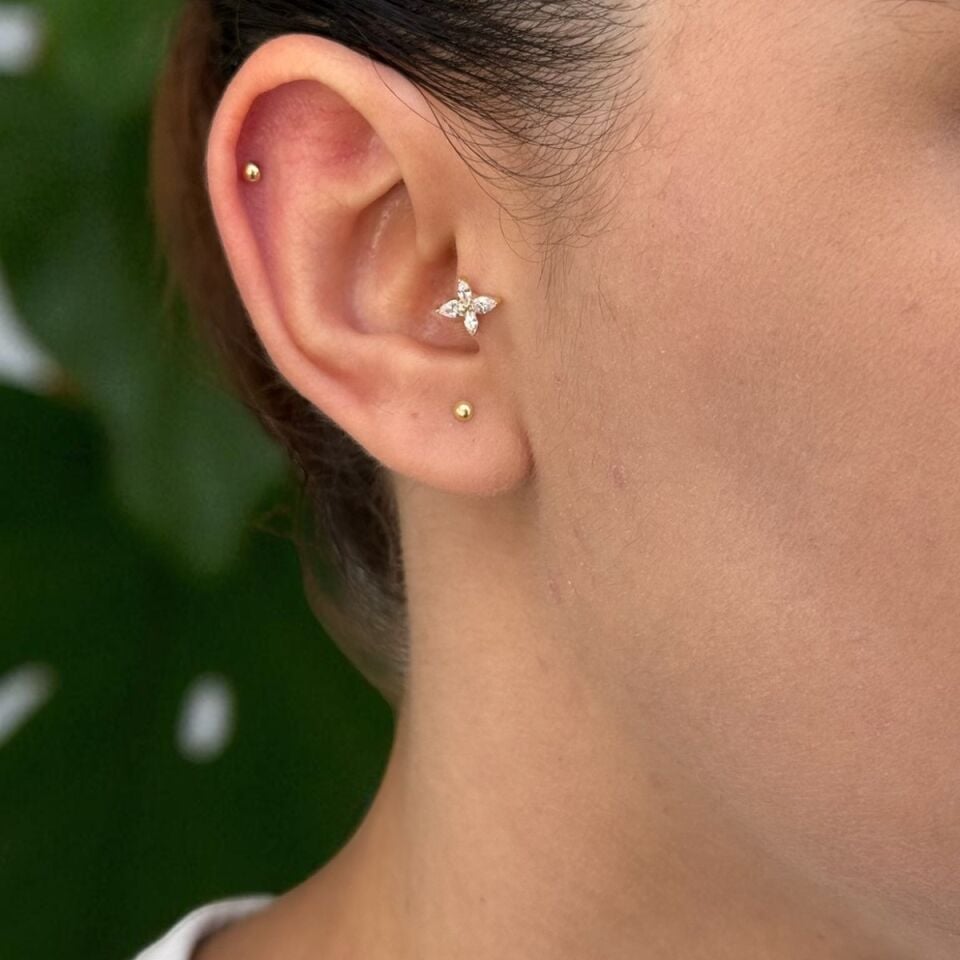 14 AYAR DÖRT TAŞLI LOTUS TRAGUS HELİX KÜPE