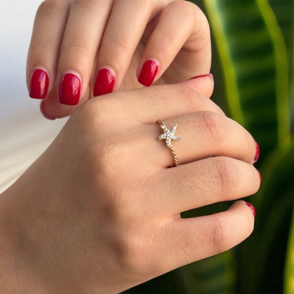 14 AYAR KENARLARI ROSE RENGİ BURGU DENİZYILDIZI TASARIM ALTIN YÜZÜK