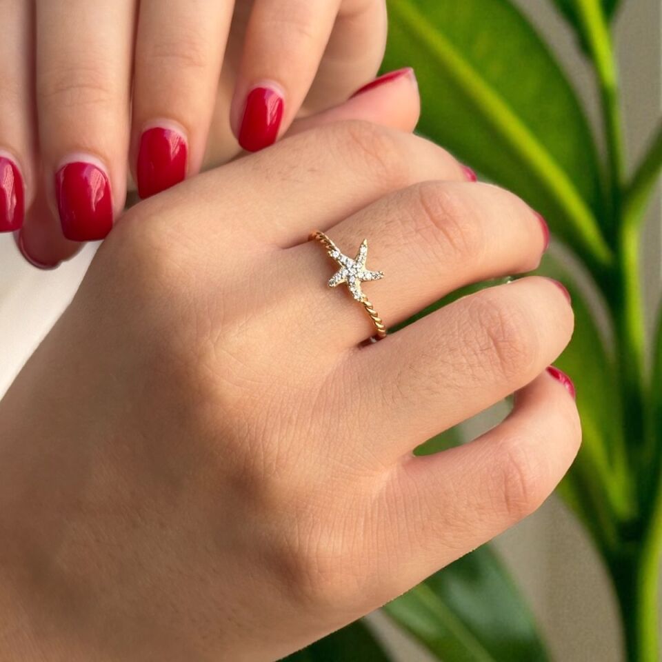 14 AYAR KENARLARI ROSE RENGİ BURGU DENİZYILDIZI TASARIM ALTIN YÜZÜK