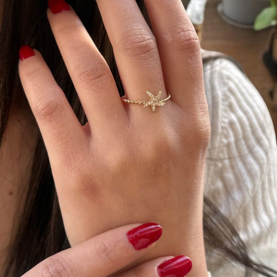 14 AYAR KENARLARI ROSE RENGİ BURGU DENİZYILDIZI TASARIM ALTIN YÜZÜK