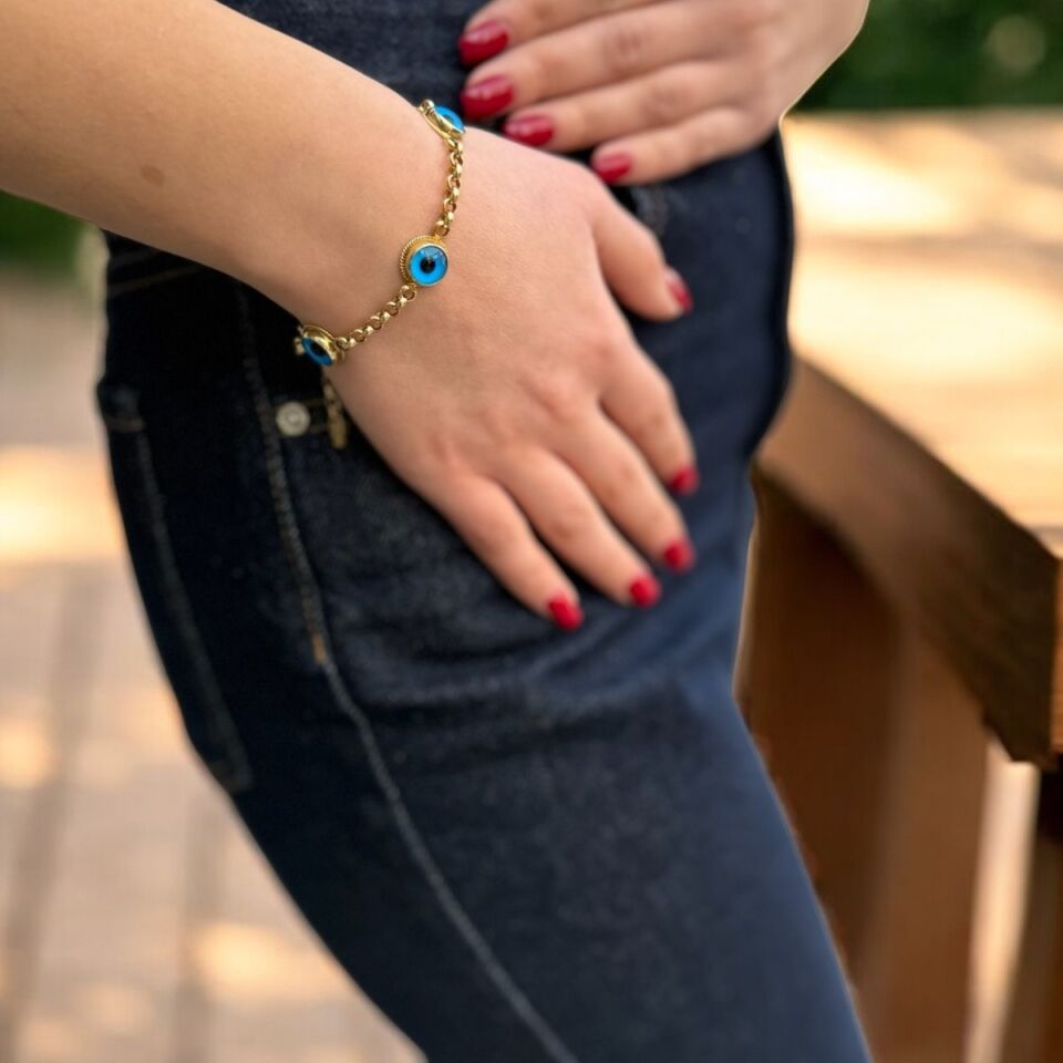 14 AYAR DOC ZİNCİRLİ EL İŞİ NAZAR BONCUKLU ALTIN BİLEKLİK