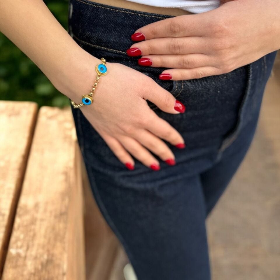 14 AYAR DOC ZİNCİRLİ EL İŞİ NAZAR BONCUKLU ALTIN BİLEKLİK