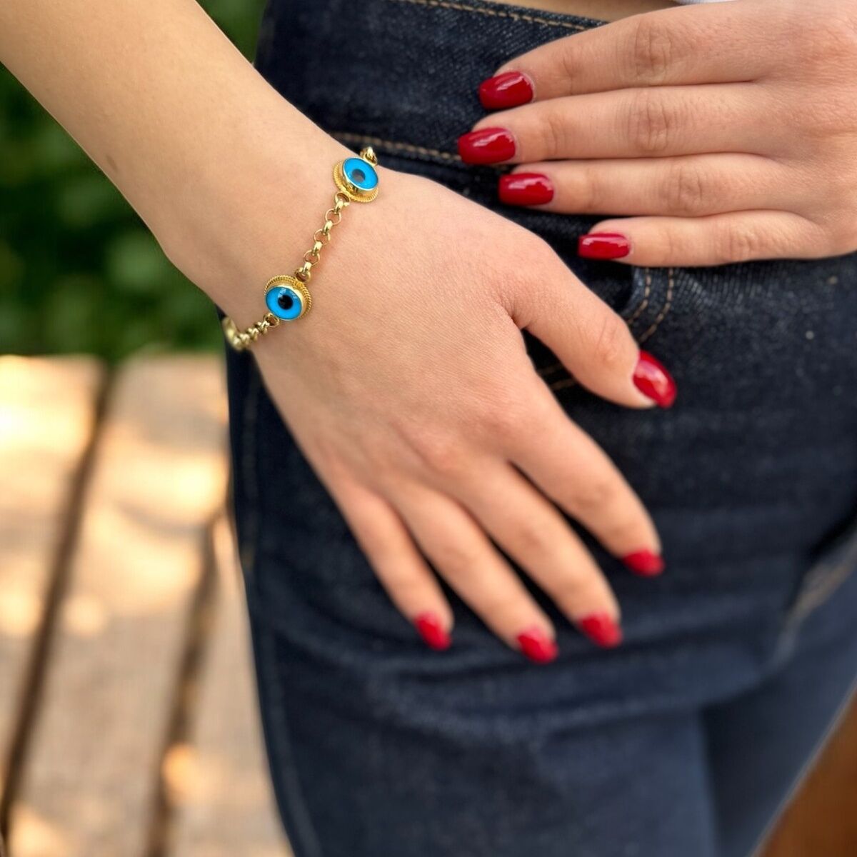 14 AYAR DOC ZİNCİRLİ EL İŞİ NAZAR BONCUKLU ALTIN BİLEKLİK