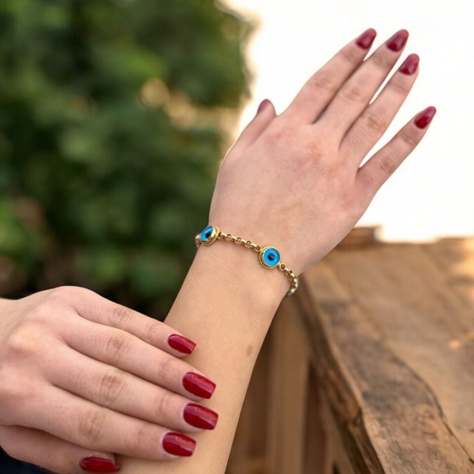 14 AYAR DOC ZİNCİRLİ EL İŞİ NAZAR BONCUKLU ALTIN BİLEKLİK