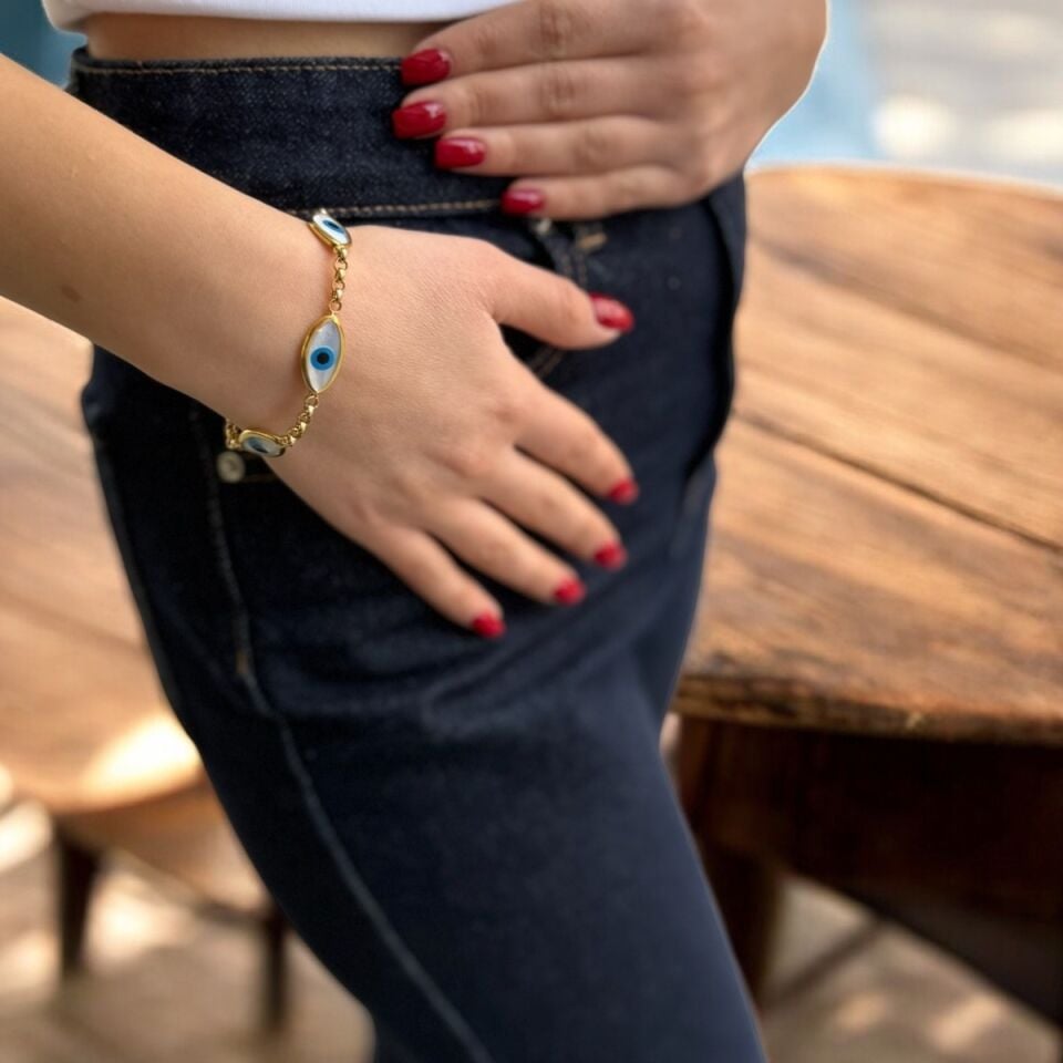 14 AYAR DOC ZİNCİRLİ SEDEF GÖZ NAZARLI ALTIN BİLEKLİK