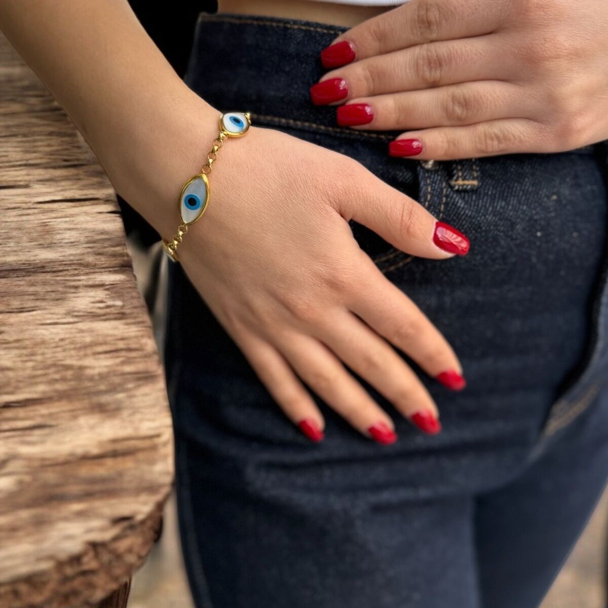 14 AYAR DOC ZİNCİRLİ SEDEF GÖZ NAZARLI ALTIN BİLEKLİK