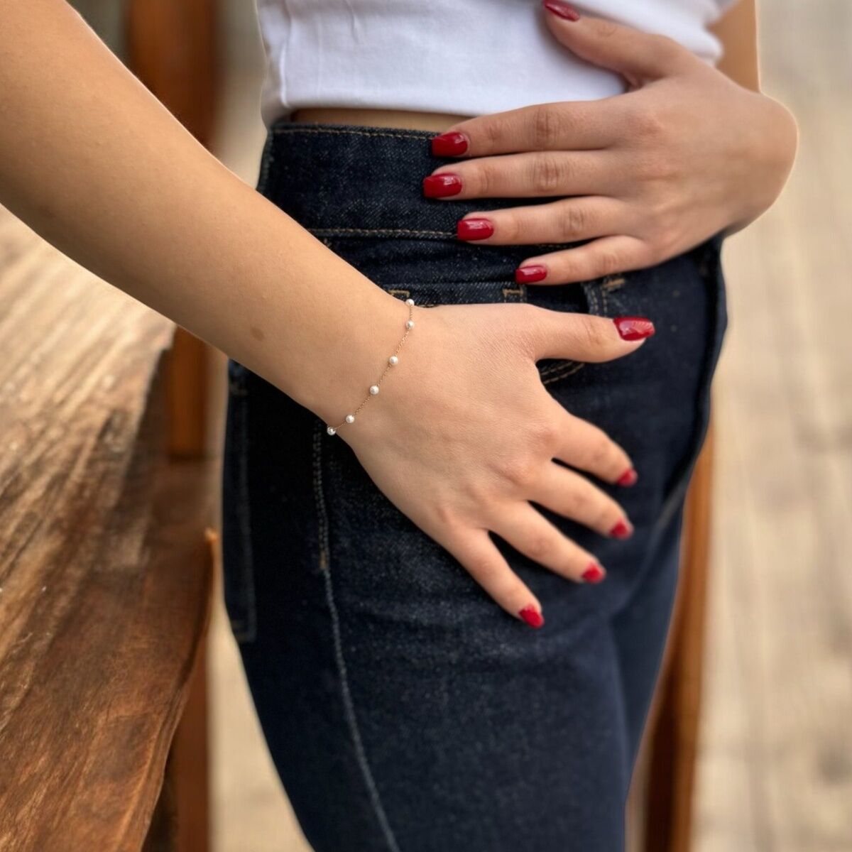 14 AYAR İNCİLİ VE DORİKALI ALTIN BİLEKLİK