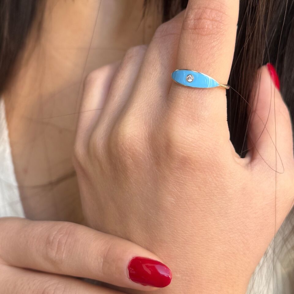 14 AYAR ROSE RENGİ MAVİ MİNELİ ALTIN YÜZÜK