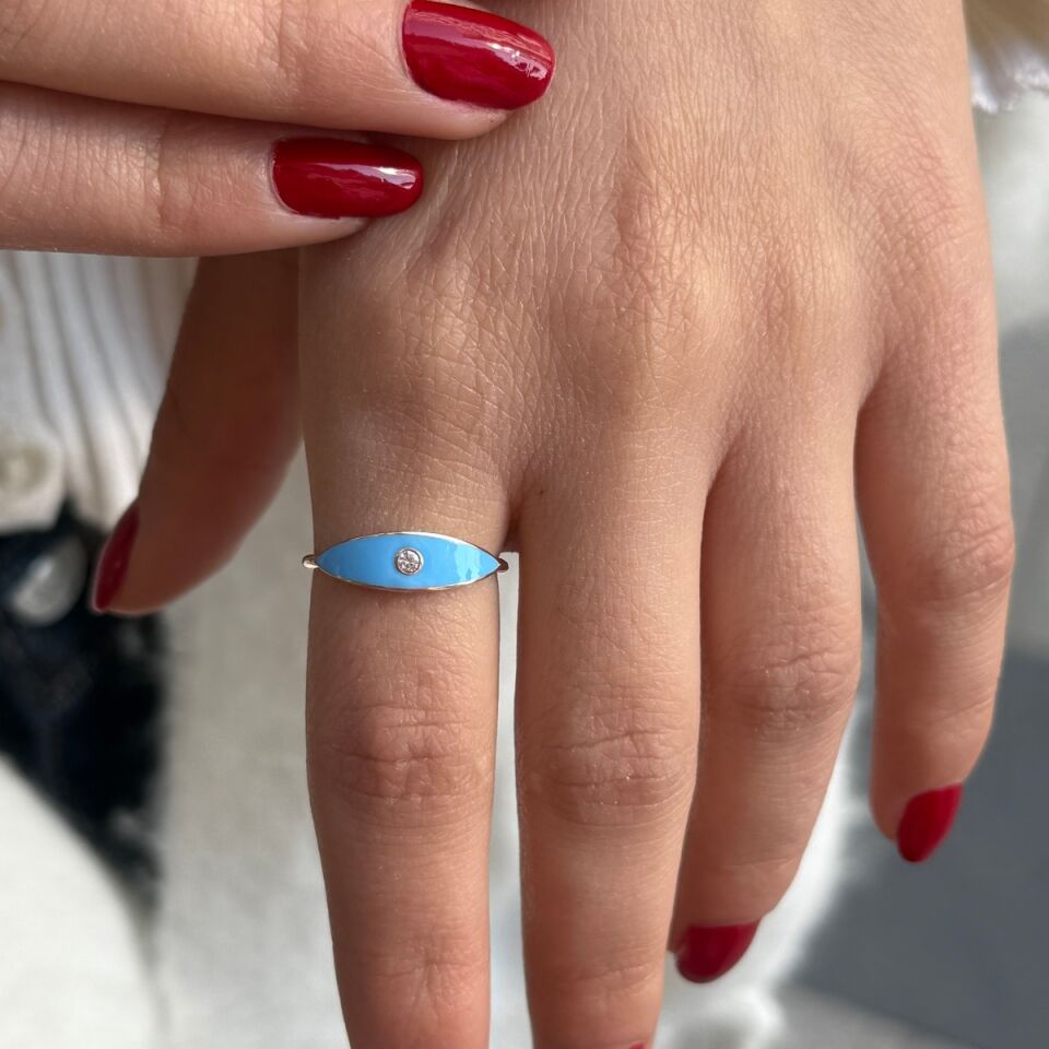 14 AYAR ROSE RENGİ MAVİ MİNELİ ALTIN YÜZÜK