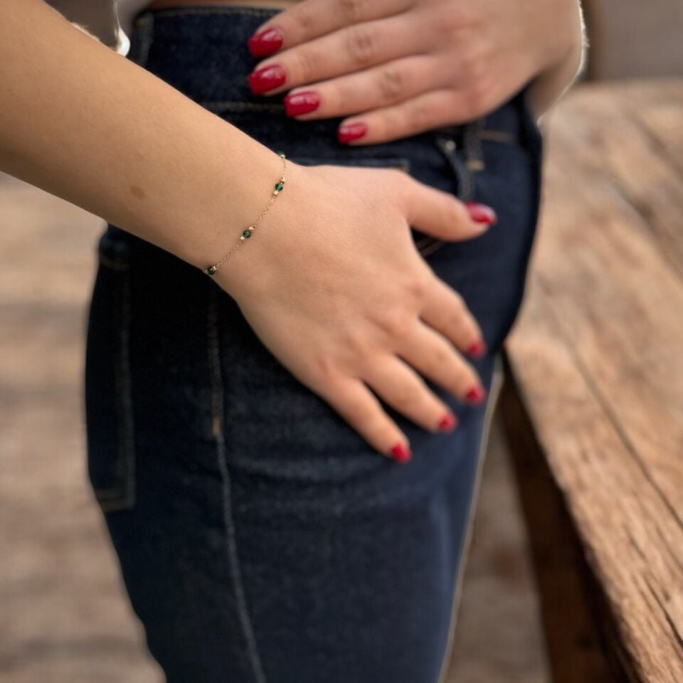 14 AYAR YEŞİL KRİSTAL TAŞLI VE DORİKALI ALTIN BİLEKLİK