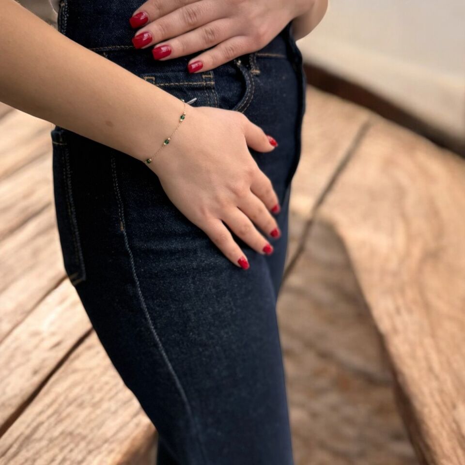 14 AYAR YEŞİL KRİSTAL TAŞLI VE DORİKALI ALTIN BİLEKLİK