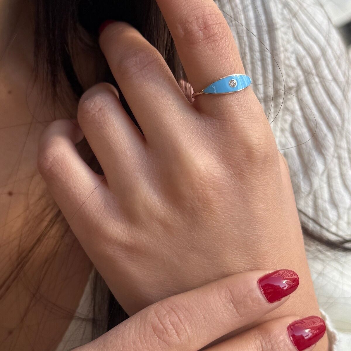 14 AYAR ROSE RENGİ MAVİ MİNELİ ALTIN YÜZÜK