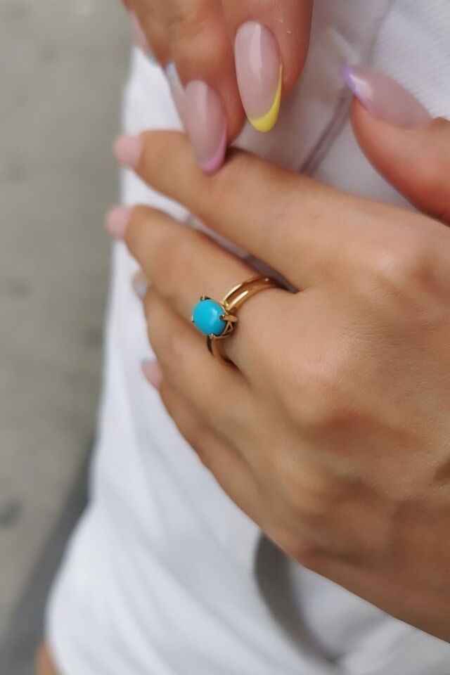 14 AYAR OVAL FİRUZE TAŞLI ALTIN YÜZÜK 16