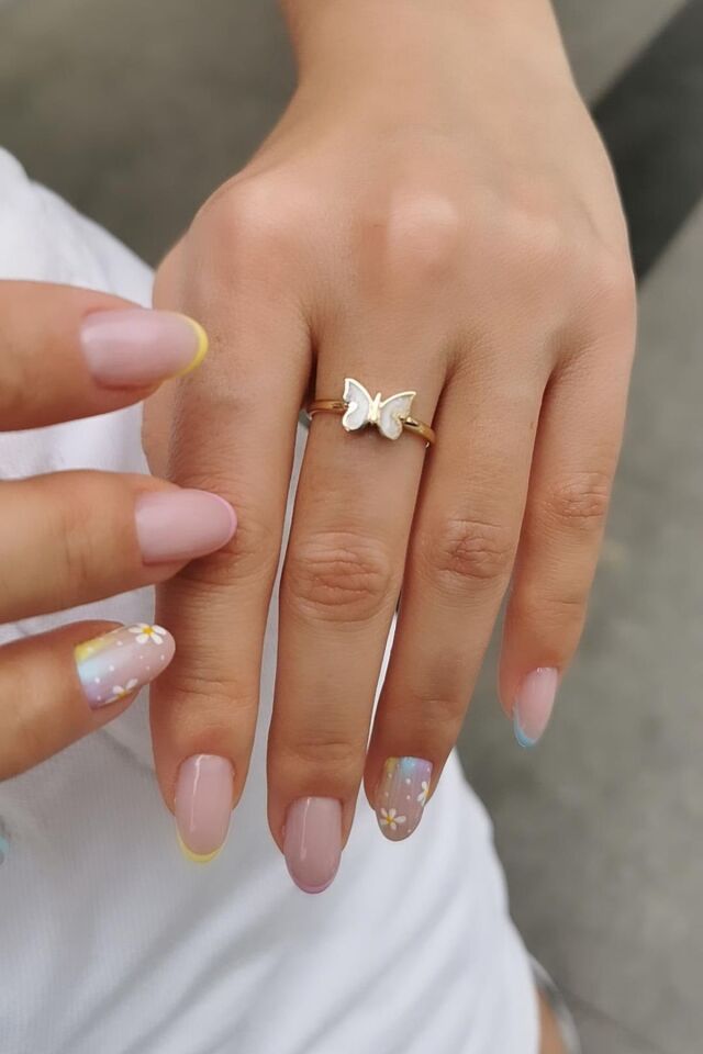 14 AYAR BEYAZ SEDEF MİNELİ KELEBEK ALTIN YÜZÜK 16