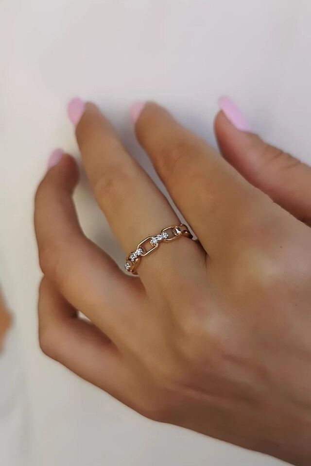 14 Ayar 0,12 Ct Pırlanta Taşlı Zincir Tasarım Rose Altın Yüzük 13