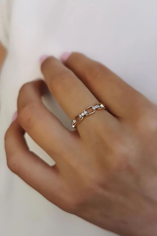 14 Ayar 0,12 Ct Pırlanta Taşlı Zincir Tasarım Rose Altın Yüzük 14