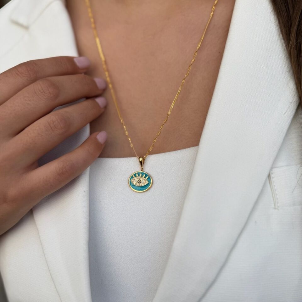 22 AYAR FİRUZE MİNELİ ÖZEL TASARIM GÖZ İTALYAN ZİNCİRLİ ALTIN KOLYE