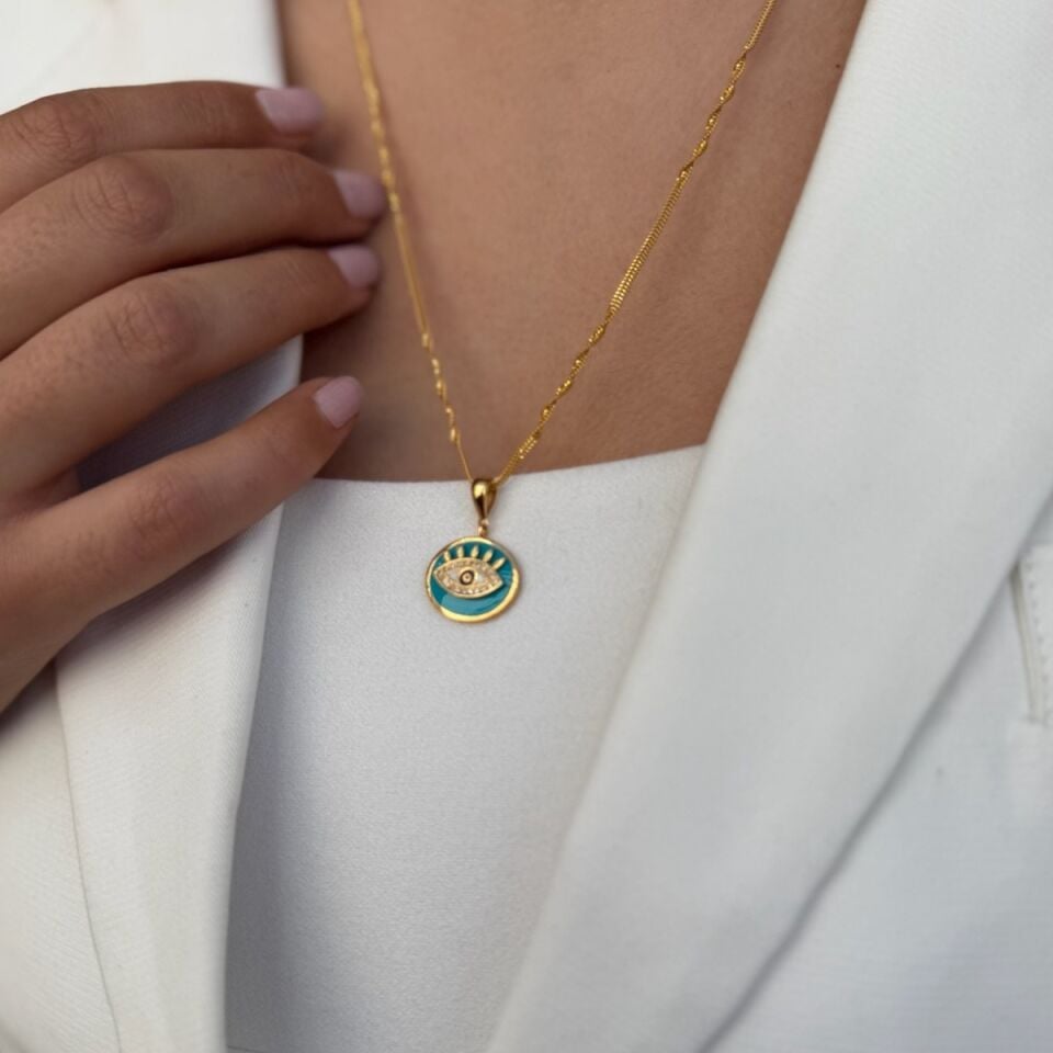 22 AYAR FİRUZE MİNELİ ÖZEL TASARIM GÖZ İTALYAN ZİNCİRLİ ALTIN KOLYE