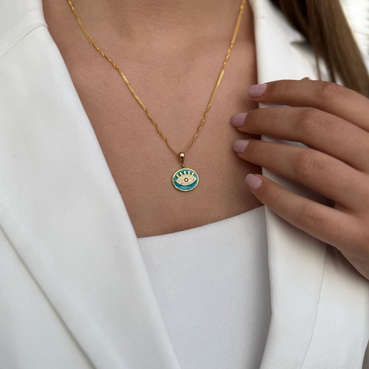 22 AYAR FİRUZE MİNELİ ÖZEL TASARIM GÖZ İTALYAN ZİNCİRLİ ALTIN KOLYE