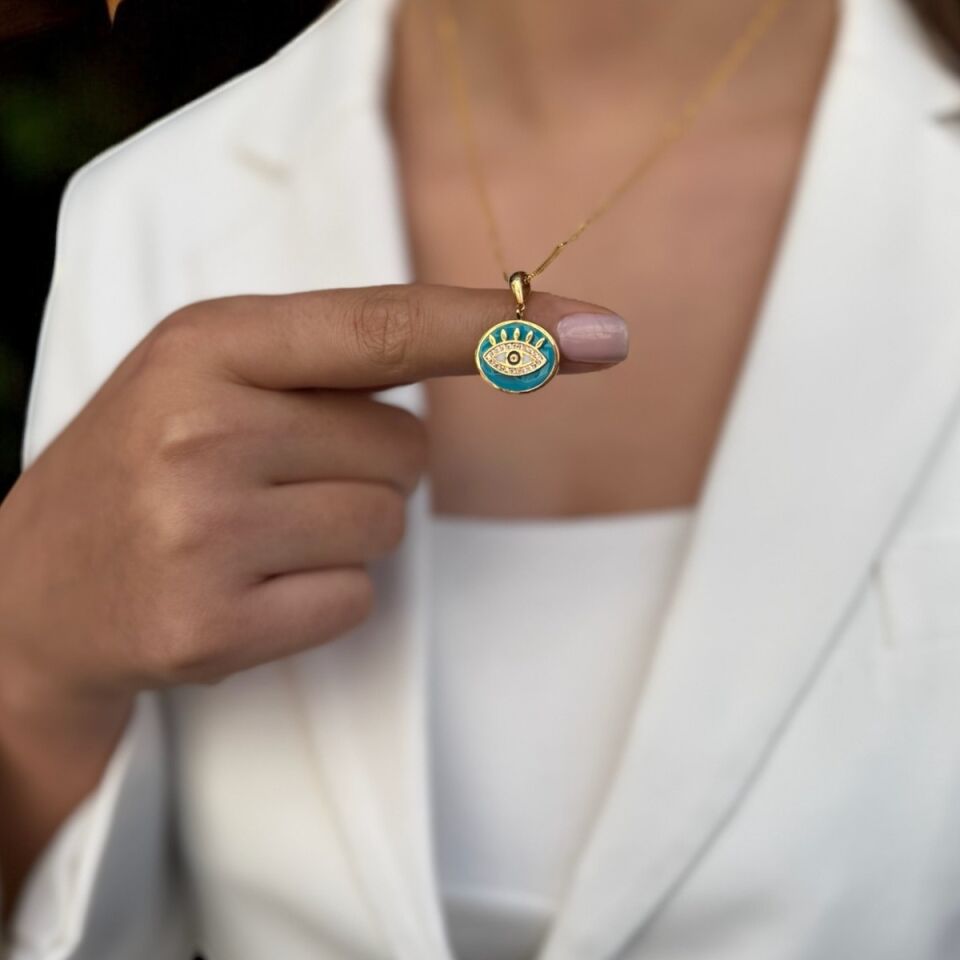 22 AYAR FİRUZE MİNELİ ÖZEL TASARIM GÖZ İTALYAN ZİNCİRLİ ALTIN KOLYE