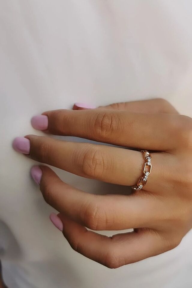 14 Ayar 0,12 Ct Pırlanta Taşlı Zincir Tasarım Rose Altın Yüzük 16