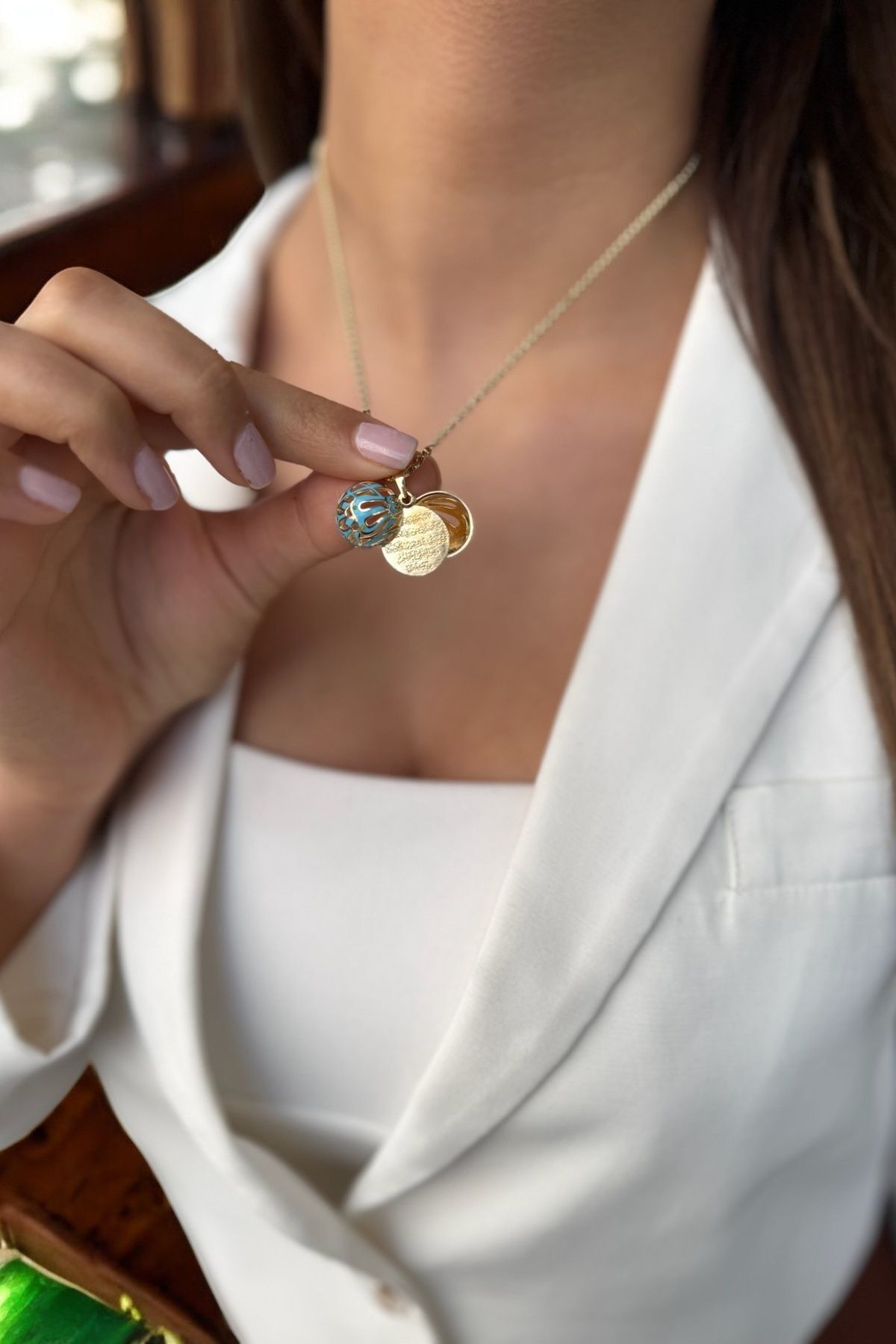 14 AYAR MAVİ MİNELİ DUALI ALTIN TOP KOLYE UCU