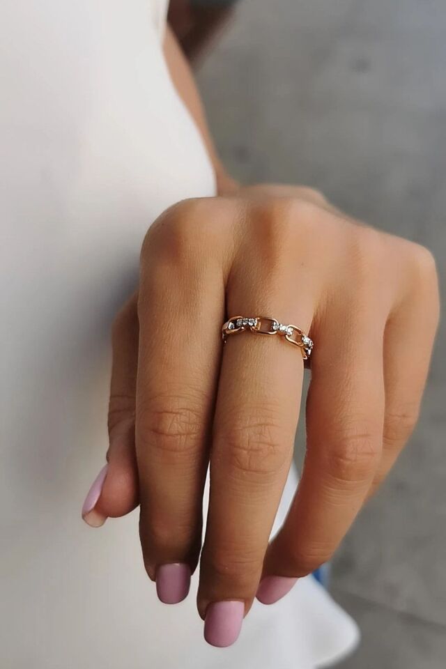 14 Ayar 0,12 Ct Pırlanta Taşlı Zincir Tasarım Rose Altın Yüzük 17