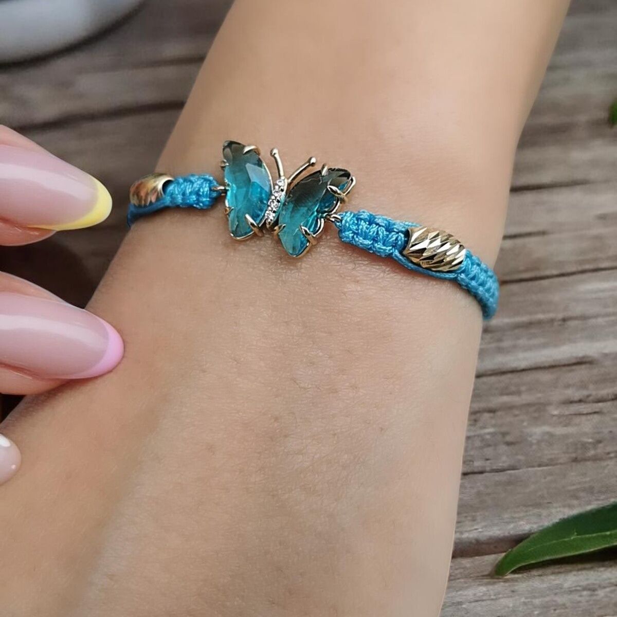 14 AYAR TURKUAZ TAŞLI VE İPLİ KENARLARI ALTIN TOPLU KELEBEK TASARIM ALTIN BİLEKLİK