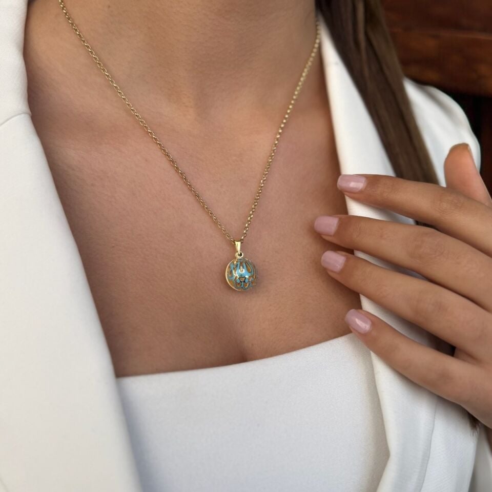 14 AYAR MAVİ MİNELİ DUALI ALTIN TOP KOLYE UCU