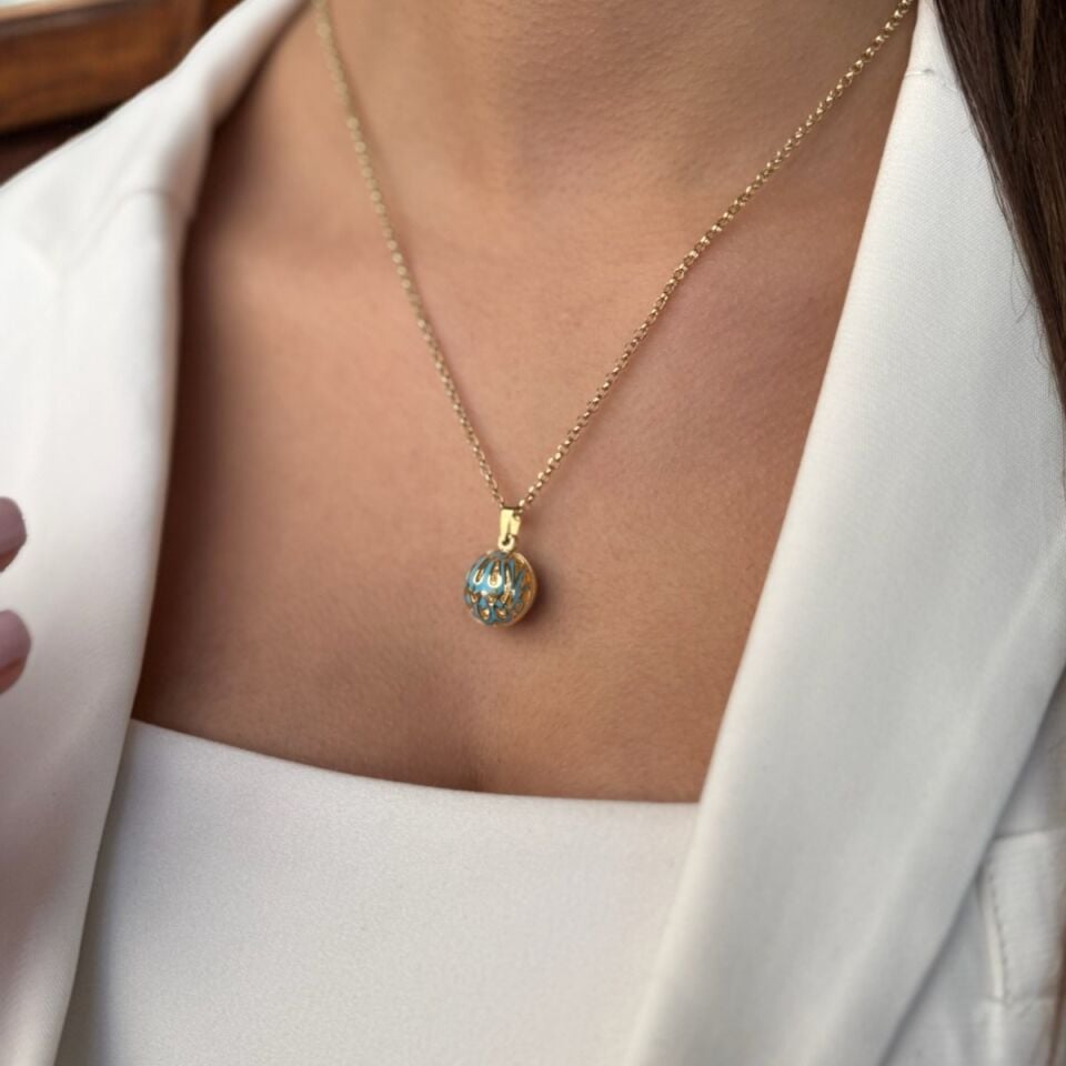 14 AYAR MAVİ MİNELİ DUALI ALTIN TOP KOLYE UCU