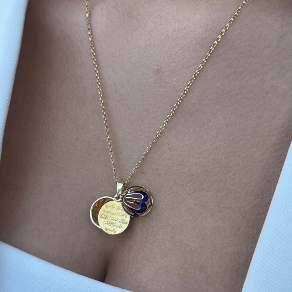 14 Ayar Mavi̇ Mi̇neli̇ Duali Altin Top Kolye