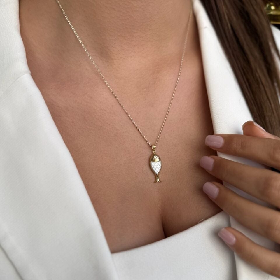 14 AYAR SEDEF TAŞLI ÖZEL TASARIM BALIK KOLYE