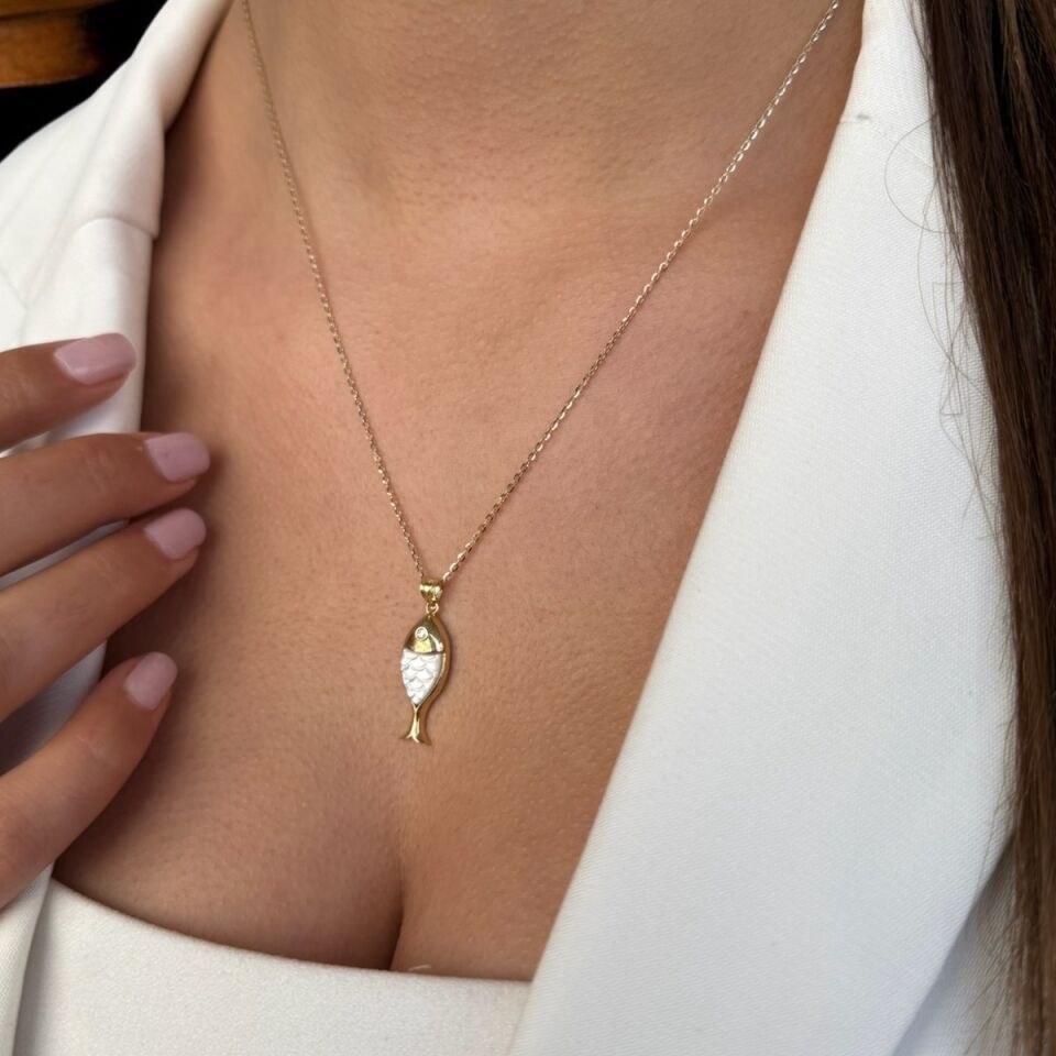 14 AYAR SEDEF TAŞLI ÖZEL TASARIM BALIK KOLYE