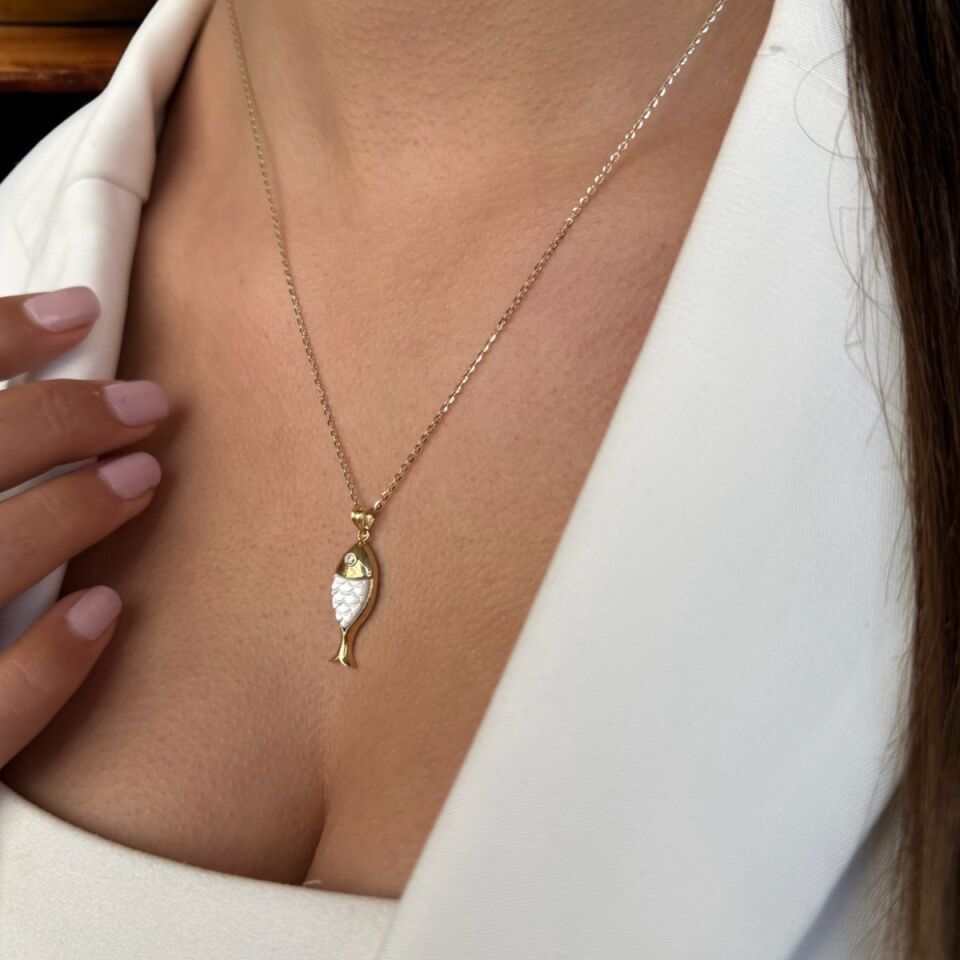 14 AYAR SEDEF TAŞLI ÖZEL TASARIM BALIK KOLYE