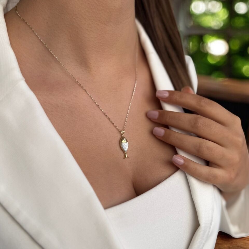 14 AYAR SEDEF TAŞLI ÖZEL TASARIM BALIK KOLYE