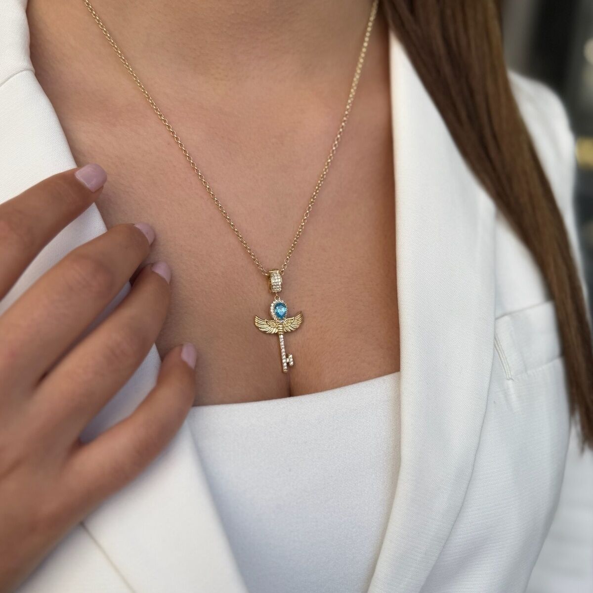 14 AYAR MAVİ DAMLA TAŞLI ANAHTAR KOLYE