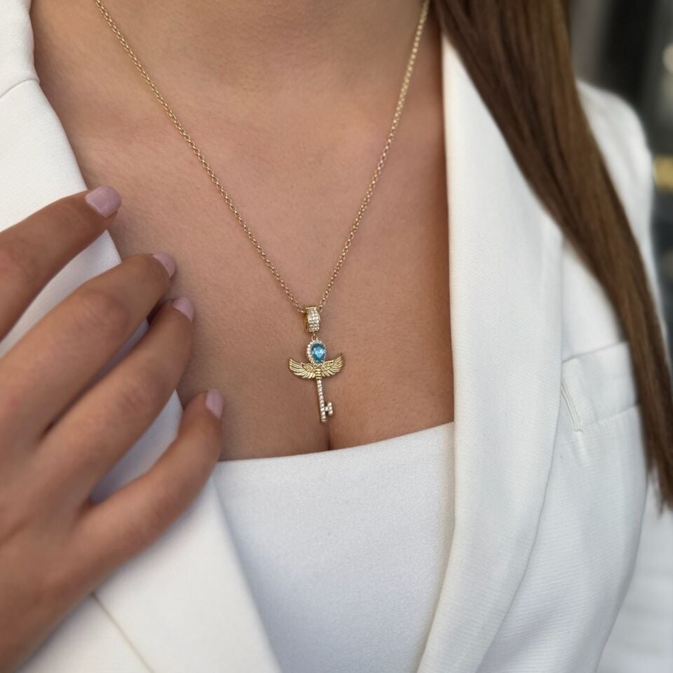 14 AYAR MAVİ DAMLA TAŞLI ANAHTAR KOLYE