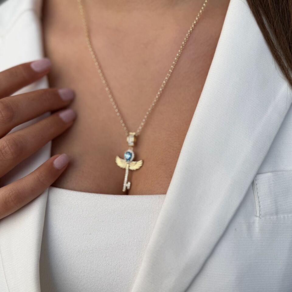 14 AYAR MAVİ DAMLA TAŞLI ANAHTAR KOLYE