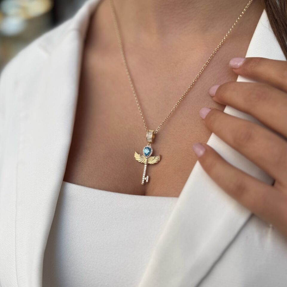 14 AYAR MAVİ DAMLA TAŞLI ANAHTAR KOLYE