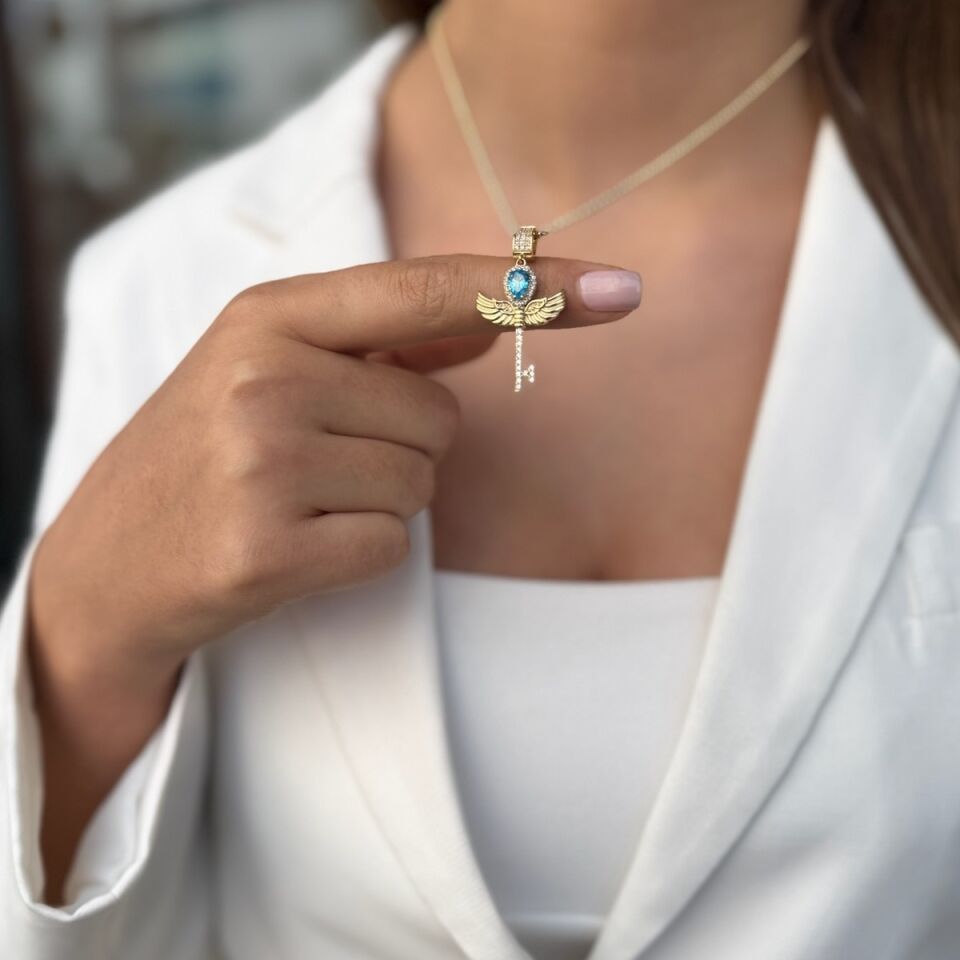 14 AYAR MAVİ DAMLA TAŞLI ANAHTAR KOLYE